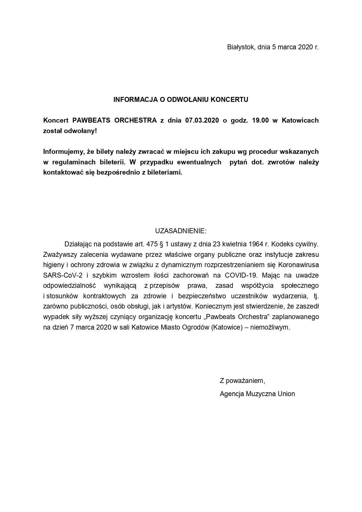 INFORMACJA O ODWOLANIU KONCERTU Pawbeats Orchestra dnia 07 03 2020 w Katowicach page 0001