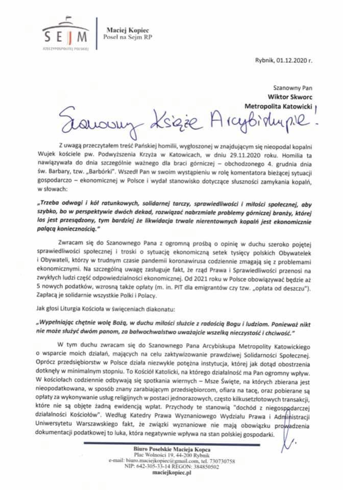 List Kopca do Papieza