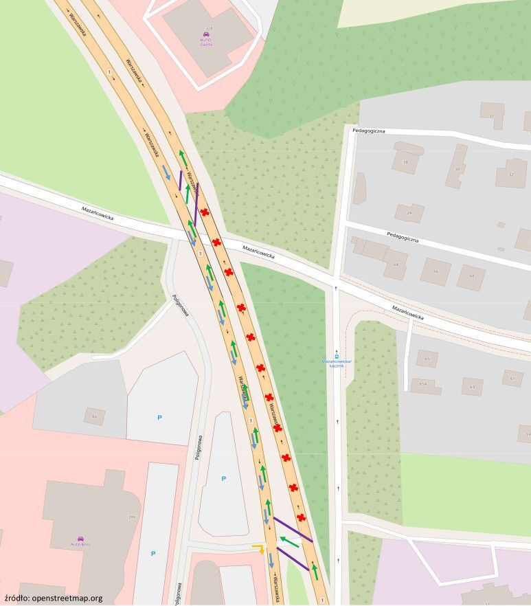 Mapa przedstawia zamkniecie odcinka ulicy Warszawskiej od ulicy Poligonowej do rejonu wjazdu na stacje benzynowa