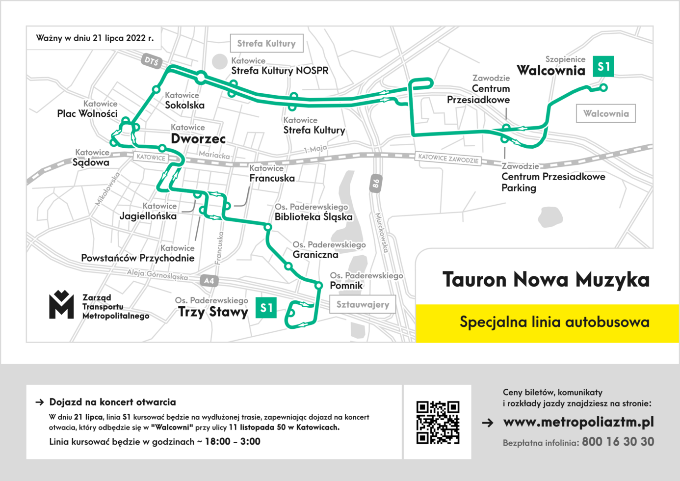 Mapka linia specjalna S1 Tauron Nowa Muzyka 21 lipca