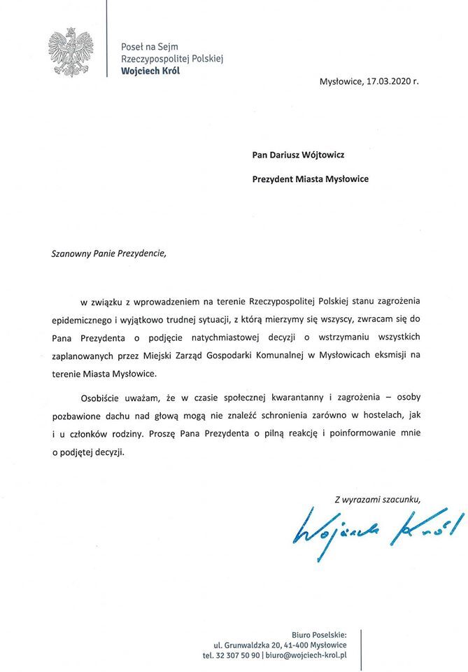 Pismo od Wojciech Krol do prezydenta myslowic