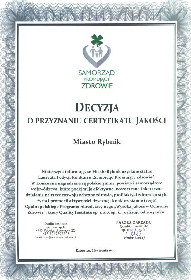 Rybnik z certyfikatem Jakosci zdrowia