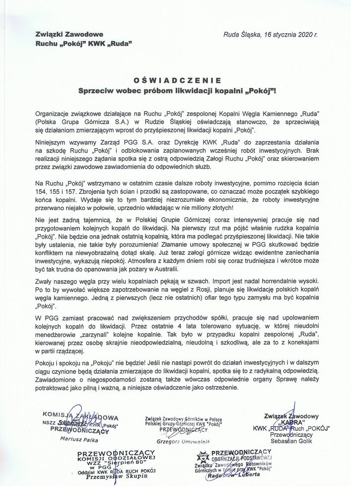 SKAN oswiadczenie ZZ kopalnia Pokoj