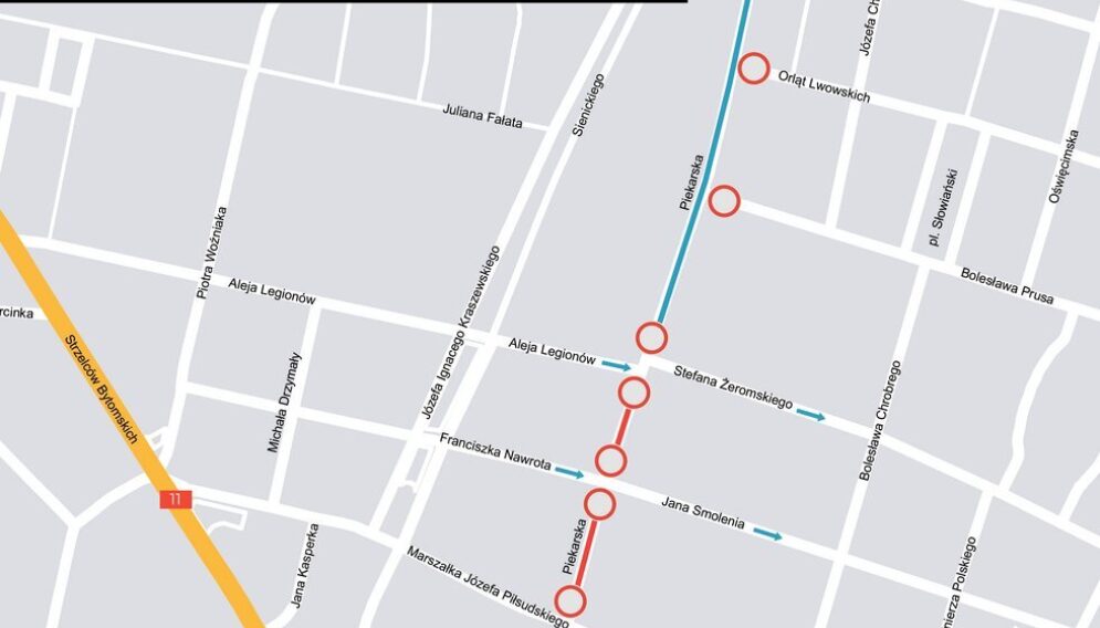 Mapa zmian od 12 listopada na ul Piekarskiej w Bytomiu w zwiazku z przebudowa torowiska tramwajowego i ukladu drogowego