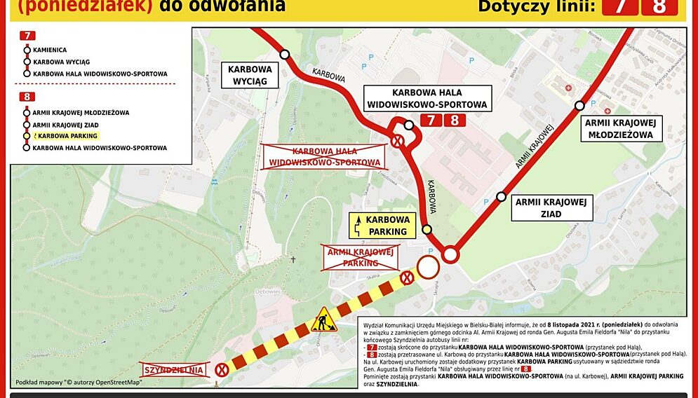 Zamkniecie gornego odcinka Al Armii Krajowej zmiana tras przejazdu linii nr 7 i 8 mapka WK UM w BB