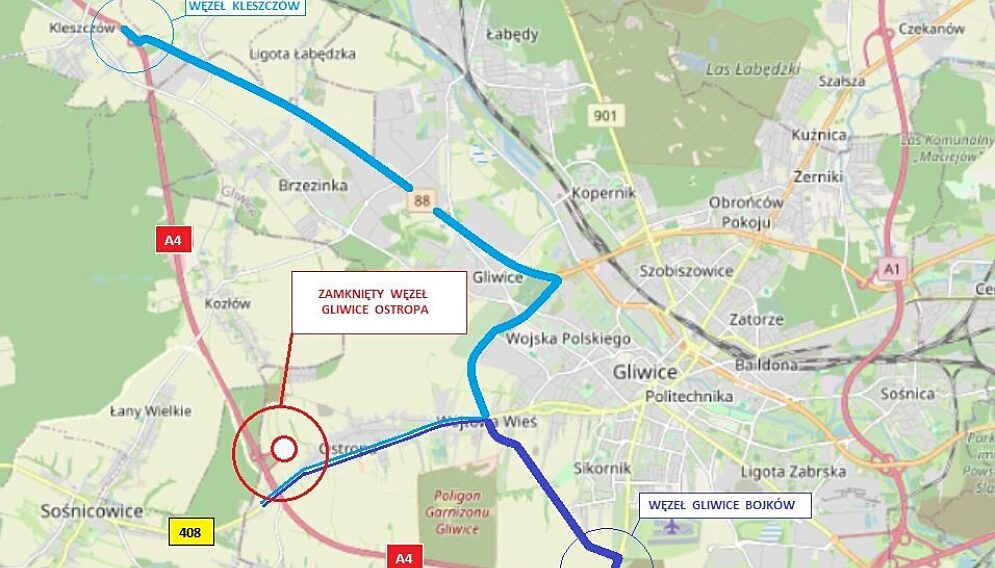 Wezel gliwice ostropa a4 objazd