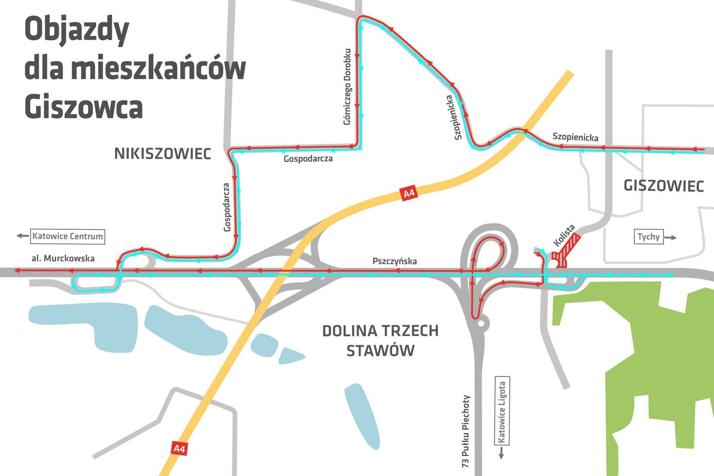 Mapa z zaznaczeniem objazdow