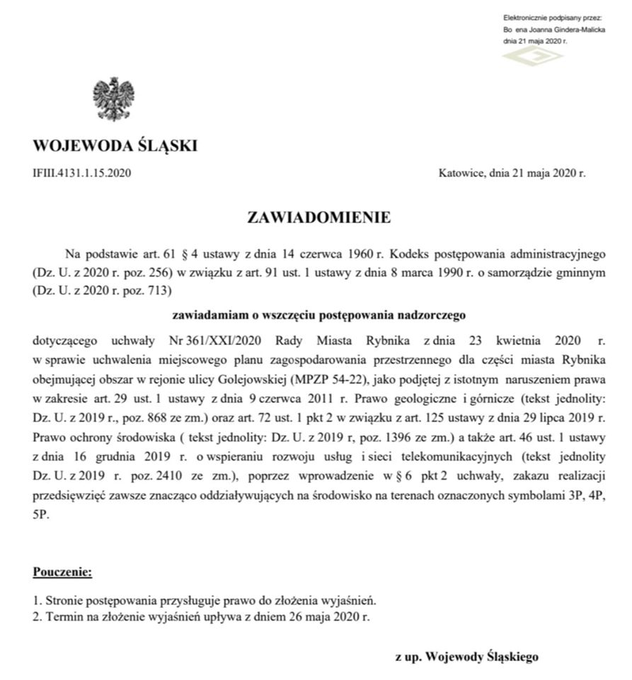 Zawiadomienie wojewody w sprawie kopalni w Rybniku